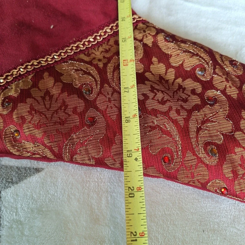 Red Velvet Christmas Stocking Gold Floral Brocade Tassel Beaded Features